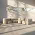 sackit soft indoor five seater corner sofa in warm beige fabric with deep cushions and rounded arms in a sunlit minimalist room