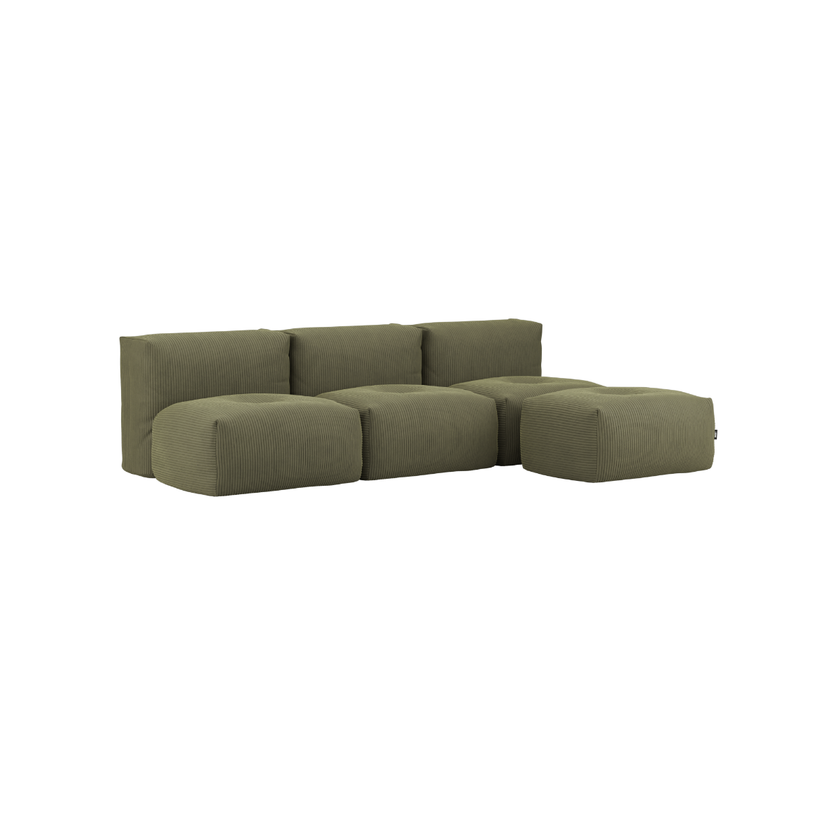 Soft Sofa Indoor 3-seater with pouf in olive corduroy fabric, soft and modular design.