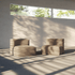 Two brown soft indoor sofa seats by sackit in a sunlit minimalist room with flexible frameless forms and striped window shadows