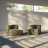Two olive green soft indoor lounge seats by sackit in a sunlit minimalist room with large windows and natural shadows across the floor