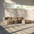 Beige boneless indoor sofa with separate cushions and matching pouf in a sunlit modern room by sackit