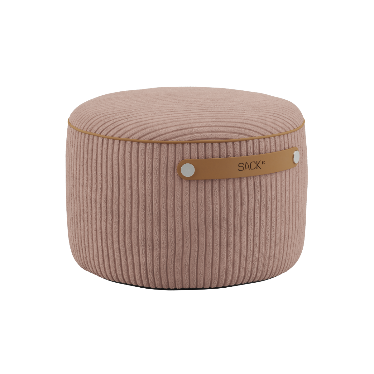Round SACKit Pouf Indoor in rose corduroy fabric with a side handle and non-slip bottom dots