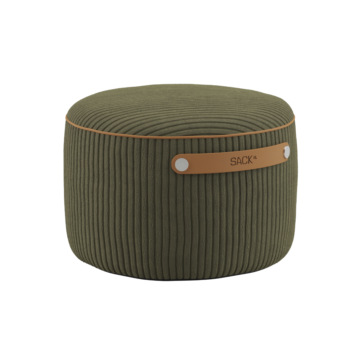 SACKit Pouf Indoor in olive corduroy fabric with a round shape and compact size.