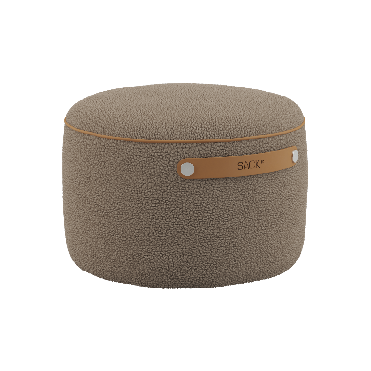 Round SACKit Pouf Indoor in Teddy Brown textile with a compact shape and soft texture.