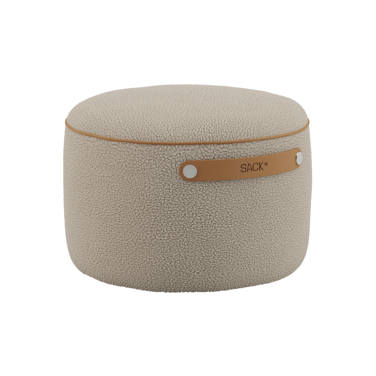 Round SACKit Pouf Indoor in teddy beige fabric with a side handle and non-slip bottom dots