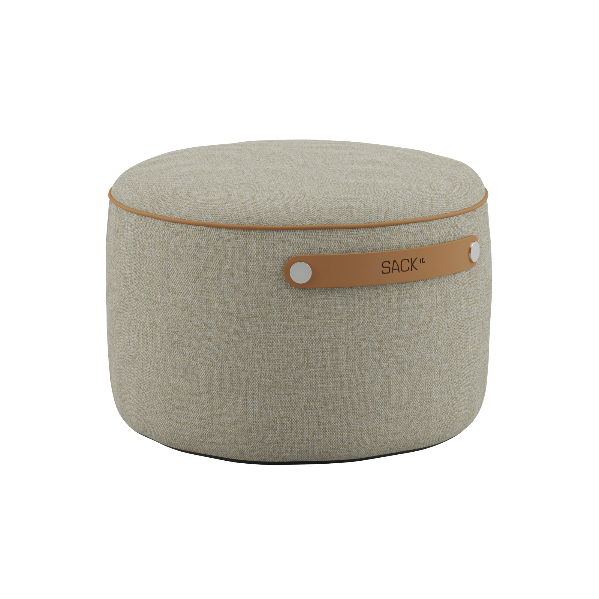 Round SACKit Pouf Indoor in beige Cosmo fabric with a side handle and non-slip bottom dots