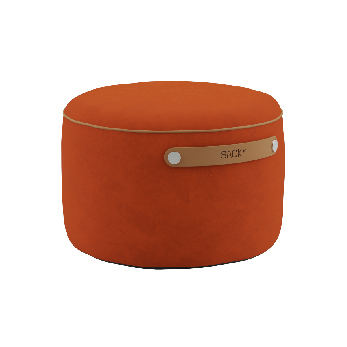Round SACKit Pouf Indoor in orange jaquard fabric with a compact, cushioned design and side handle.