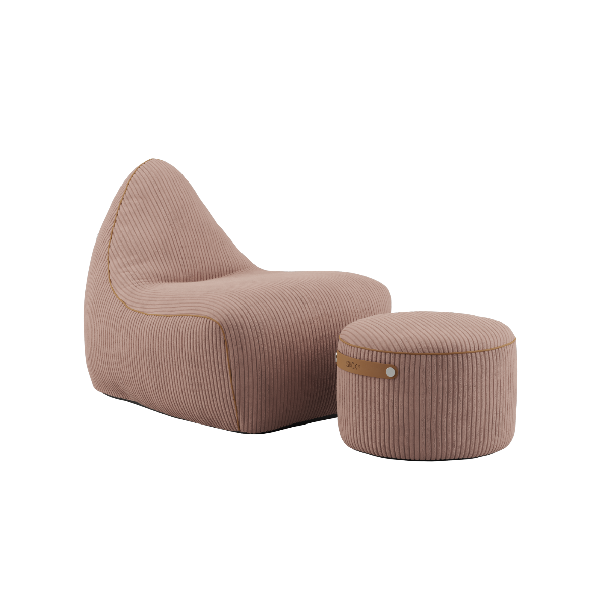 sackit firm bean bag style lounge chair and matching pouf in soft pink ribbed upholstery for comfortable indoor seating