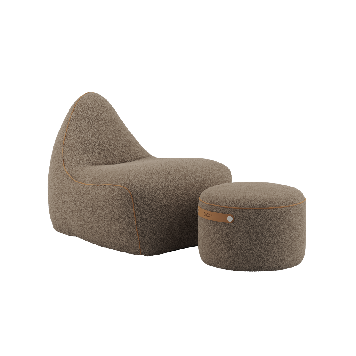 sackit taupe indoor lounge chair with a matching round pouf, soft upholstered fabric, structured bean bag style and contrast stitching for relaxed seating