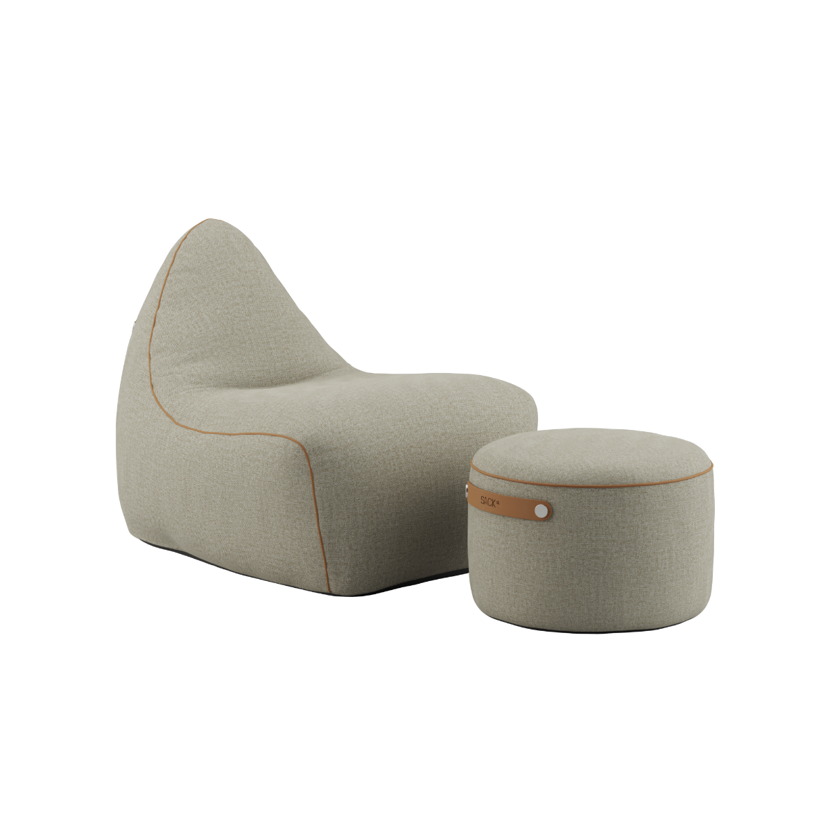 sackit lounge chair and matching pouf in textured beige upholstery, designed for comfortable indoor seating