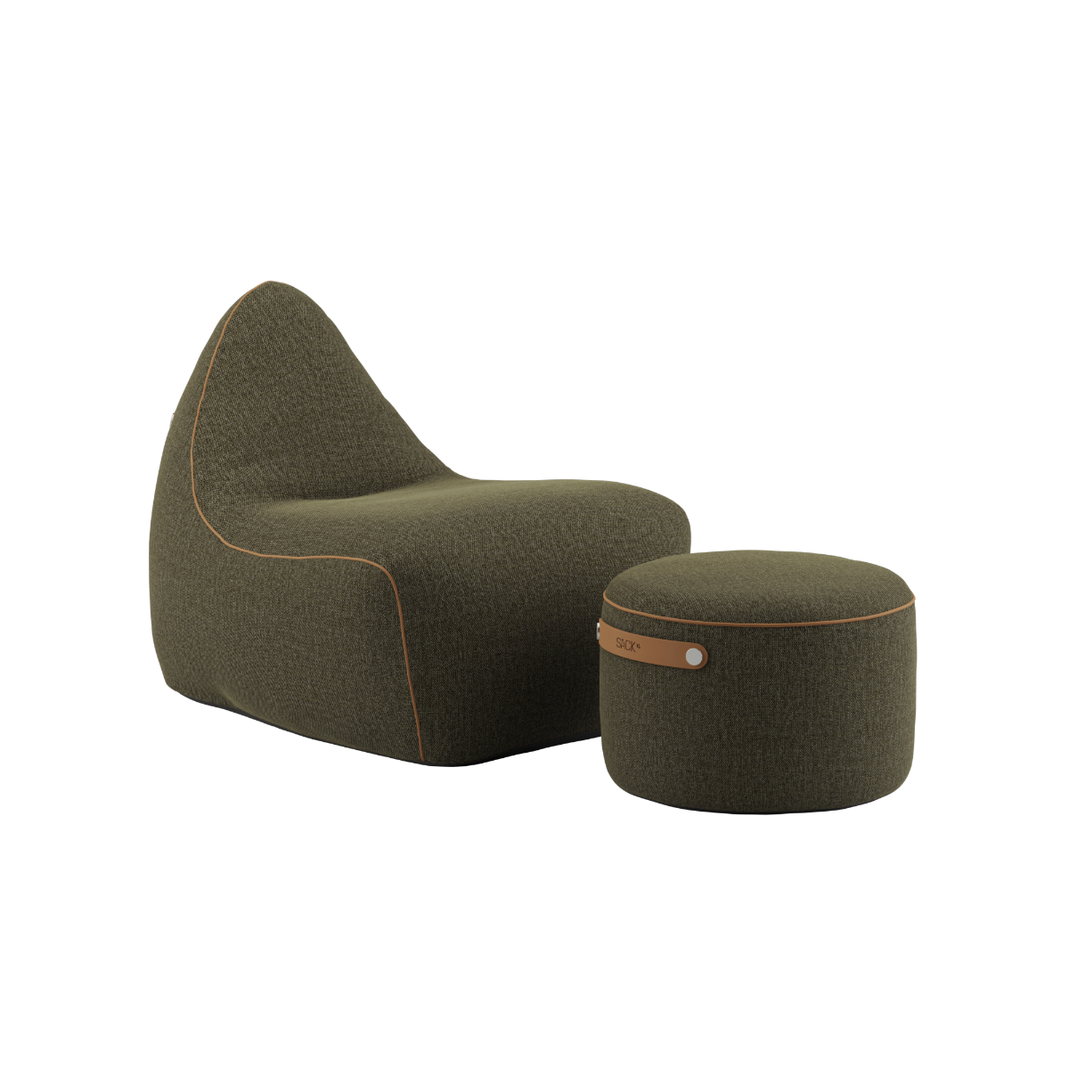 sackit olive green indoor lounge chair with a curved back and matching round pouf in textured fabric with contrasting trim