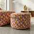 sackit patterned indoor lounge chair and matching pouf in colorful geometric fabric creating a comfortable bean bag style seating set in a modern living room
