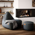 Canvas Lounge Chair and pouf in petrol canvas fabric with a soft, rounded shape and visible linen stitches