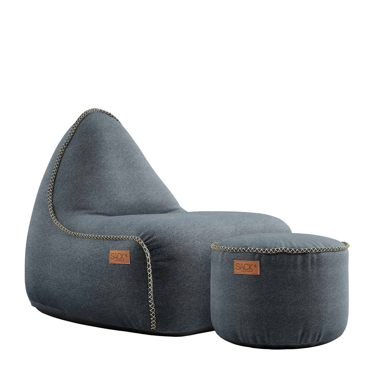 Canvas Lounge Chair and pouf in petrol canvas fabric with hand-sewn stitches, indoor bean bag set