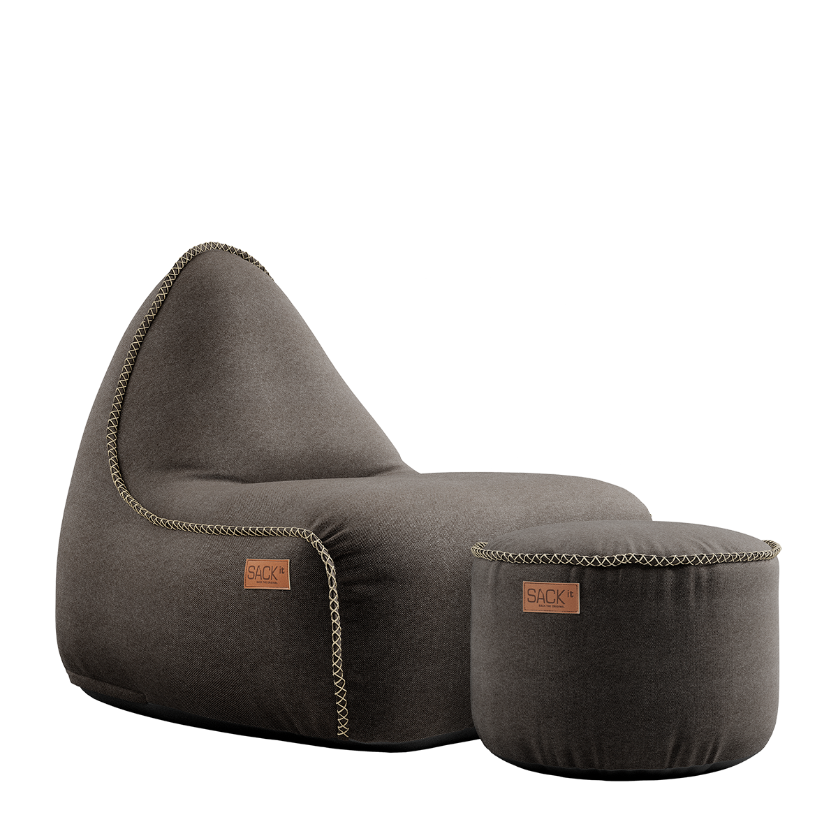 Canvas Lounge Chair and pouf in brown canvas fabric with a soft, rounded shape and backrest.