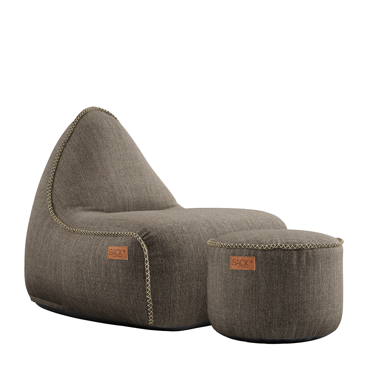 Cobana Lounge Chair and Pouf in brown olefin fabric with hand-sewn stitches and rounded shapes.