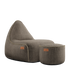 Cobana Lounge Chair and Pouf in brown olefin fabric with hand-sewn stitches and rounded shapes.