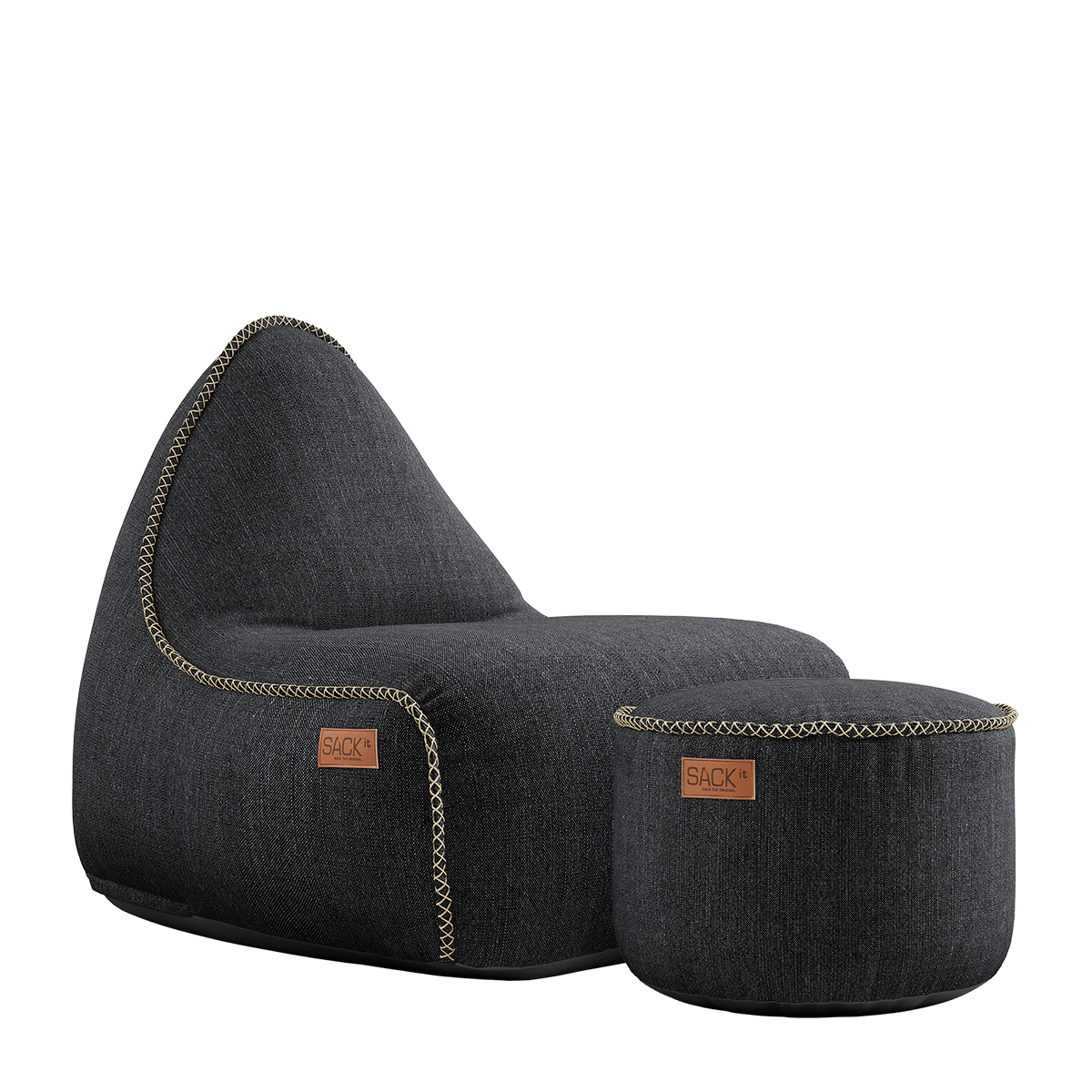 Cobana Lounge Chair and Pouf in black olefin fabric with hand-sewn stitches and rounded shapes