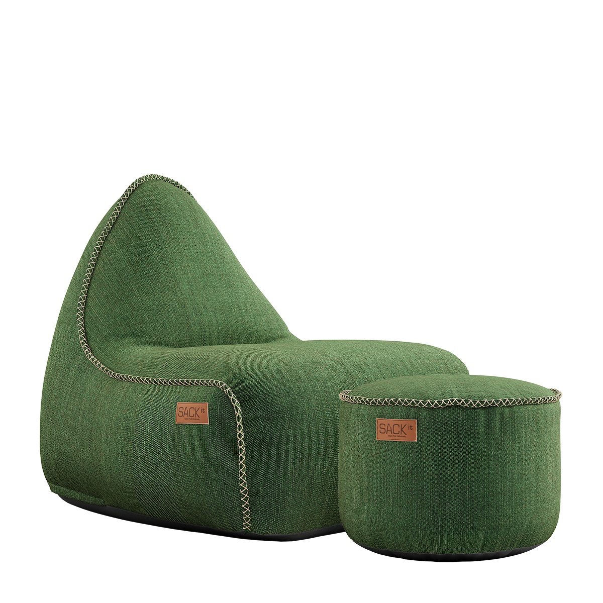 Cobana Lounge Chair and Pouf in green olefin fabric with hand-sewn stitches and rounded shapes.