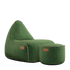 Cobana Lounge Chair and Pouf in green olefin fabric with hand-sewn stitches and rounded shapes.