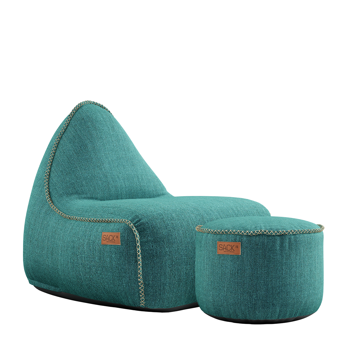 Cobana Lounge Chair and Pouf in petrol melange fabric with rounded shapes and soft texture