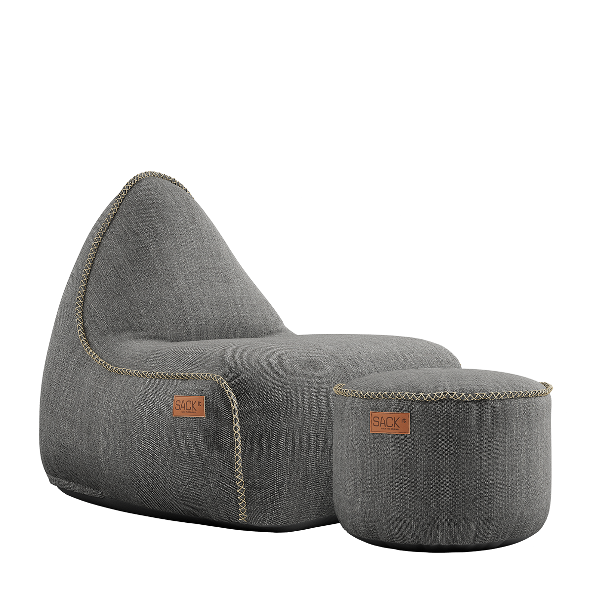 Cobana Lounge Chair and Pouf in grey olefin fabric with rounded shapes and soft filling.