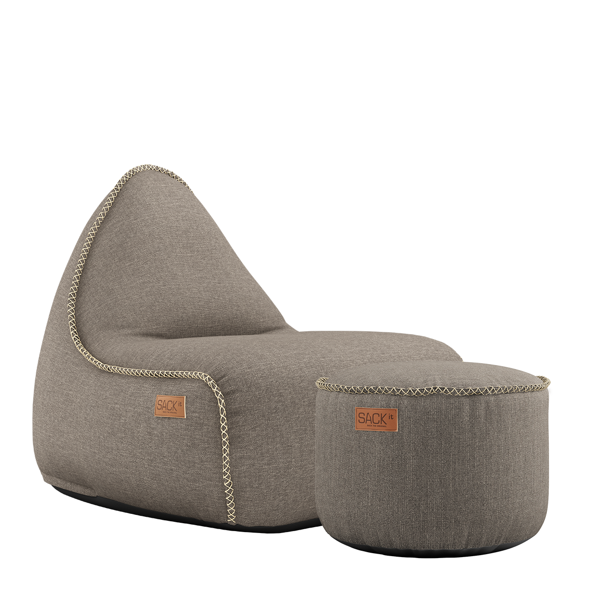 Cobana Lounge Chair and Pouf in taupe color with soft fabric and rounded shapes.