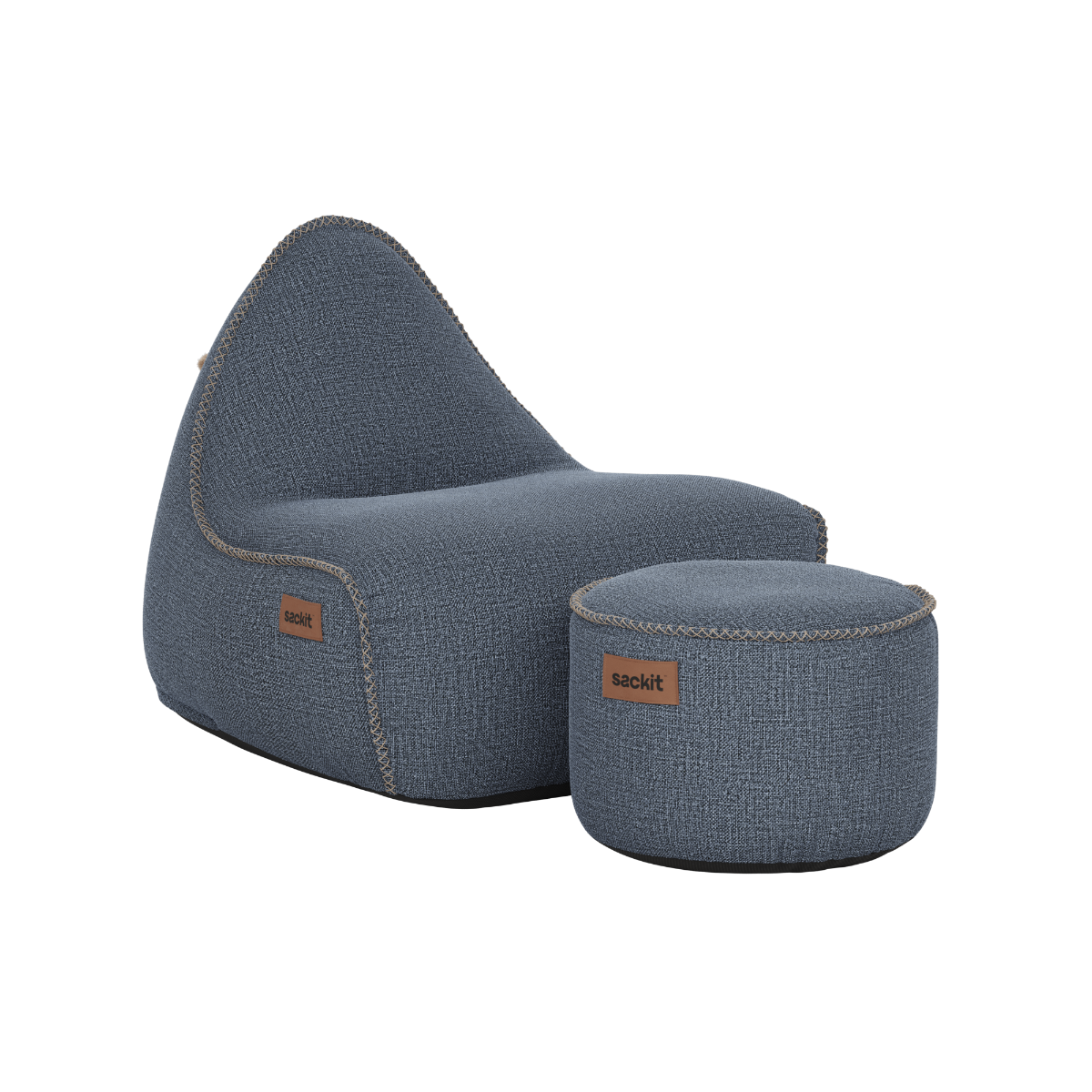 Kirra Indigo Cobana Lounge Chair with matching pouf in durable, water-repellent fabric.