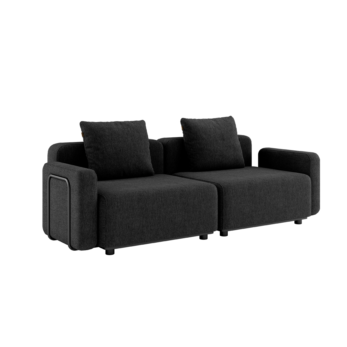 Cobana Black 2-seater lounge sofa with armrests, powder-coated aluminum frame and black cushions.