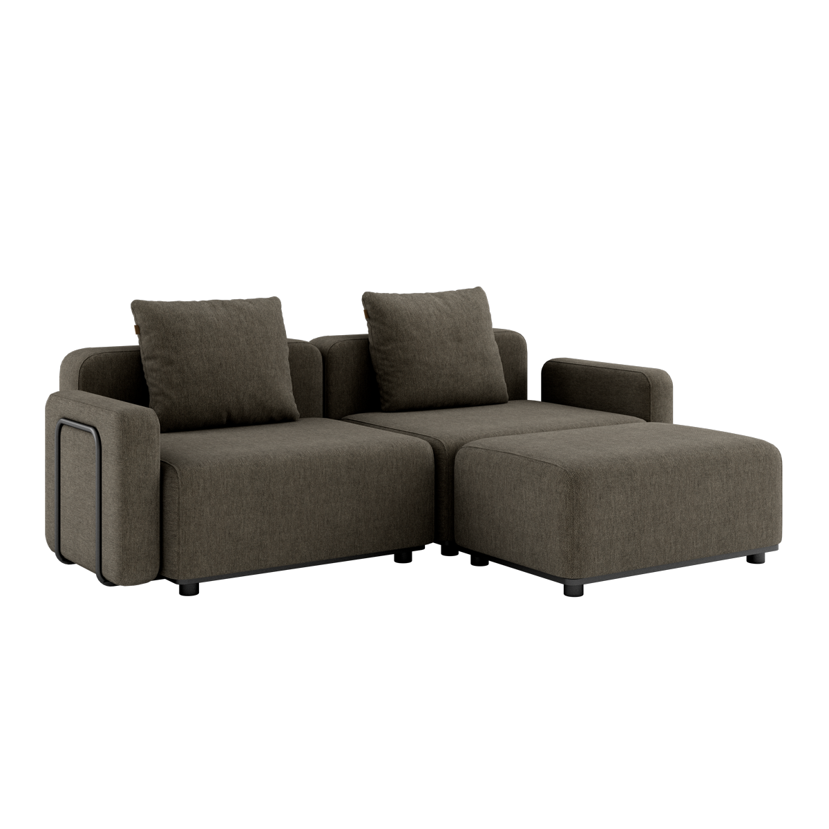 Cobana Brown 2-seater outdoor lounge sofa with armrest and pouf, powder-coated aluminum frame and cushions