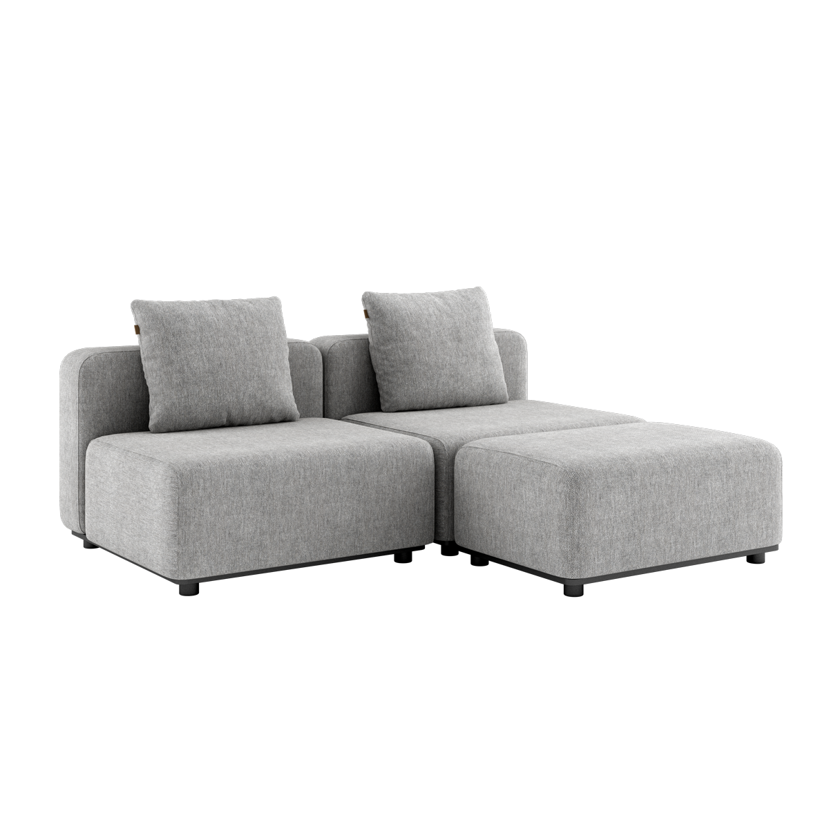 Cobana Lounge Sofa in Cobana Sand Melange with two modules and pouf, outdoor setting.