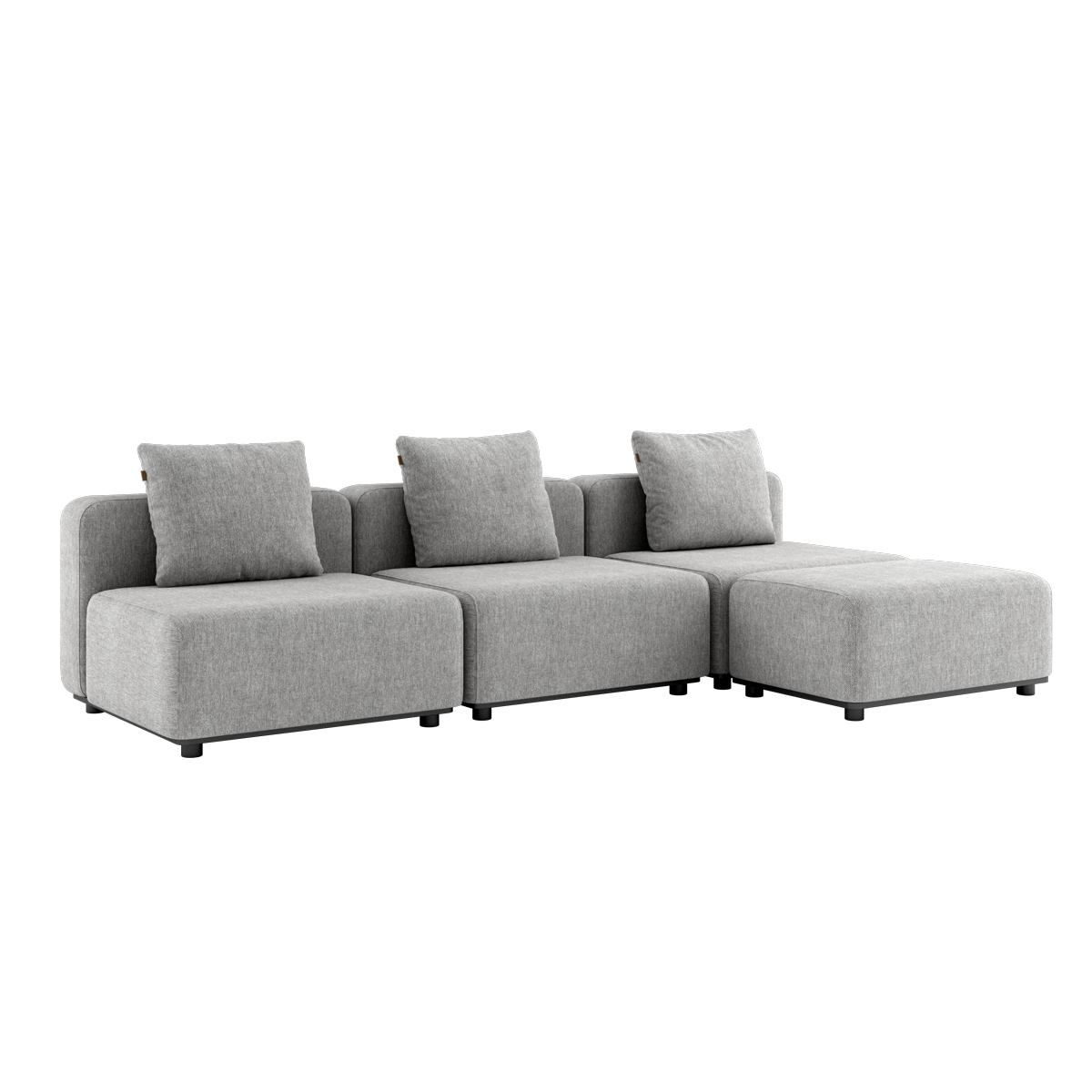 Cobana Lounge Sofa in Cobana Sand Melange with three modules and pouf, outdoor setting, no armrests.