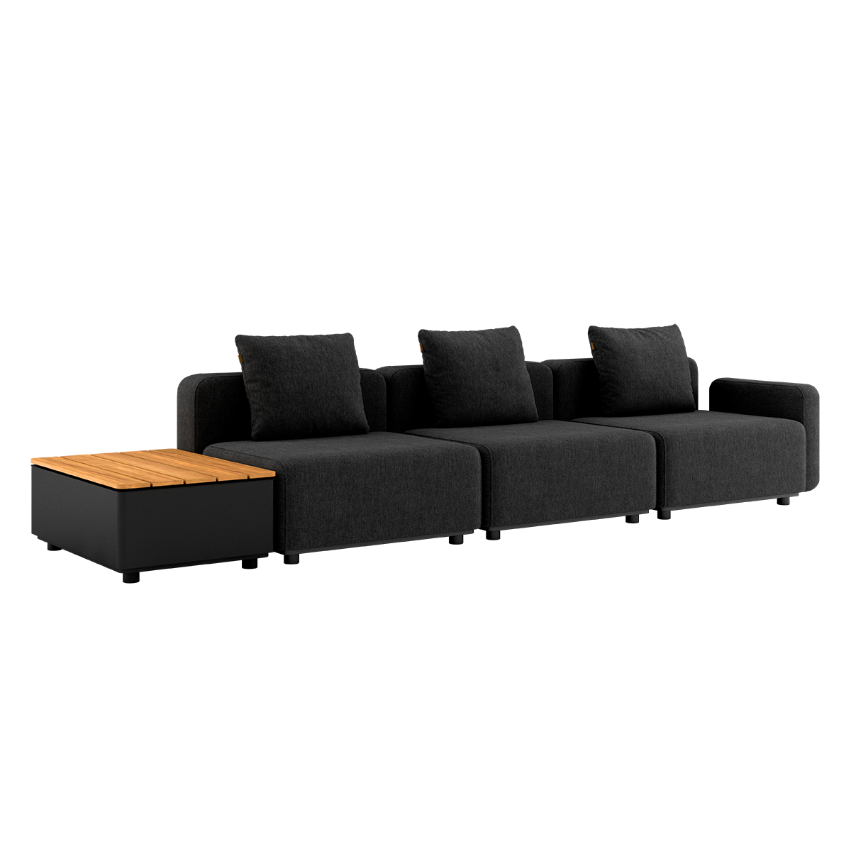 Cobana Lounge Sofa 3-seater in black with patio storage table, aluminum frame and cushions outdoors