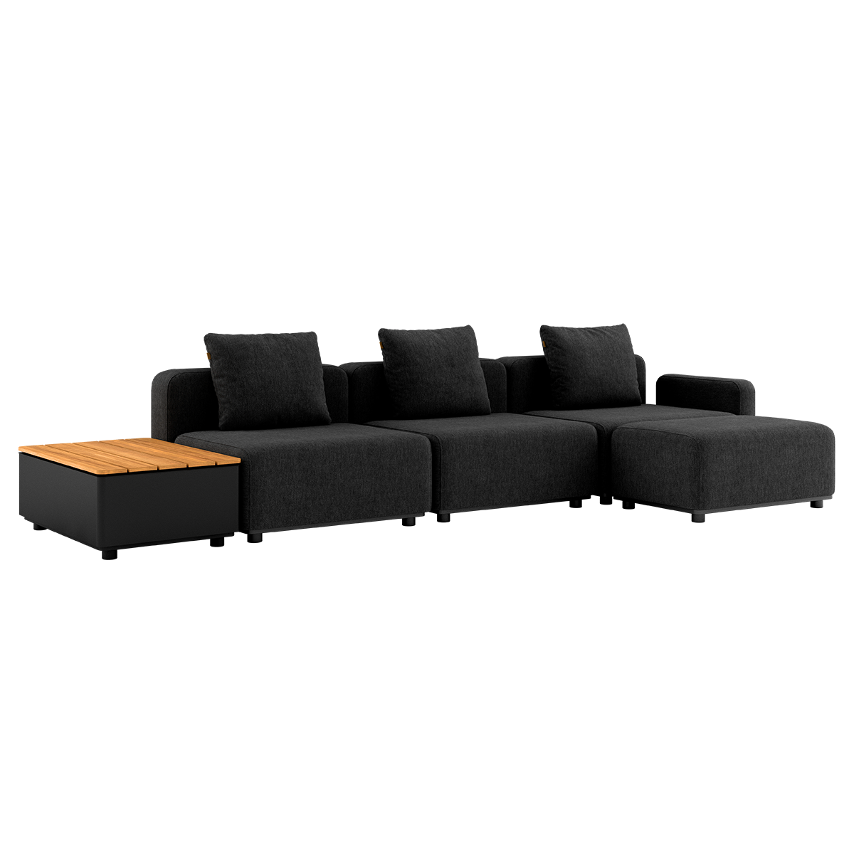 Cobana Black 3-seater lounge sofa with armrest, pouf, and black patio storage table outdoors