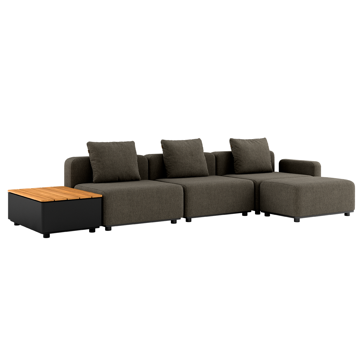 Cobana Brown 3-seater lounge sofa with armrest, pouf, and Patio Storage Table in outdoor setting
