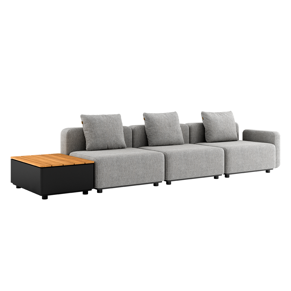 Cobana Lounge Sofa 3-seater in Cobana Sand Melange with patio storage table, outdoor aluminum and teak design