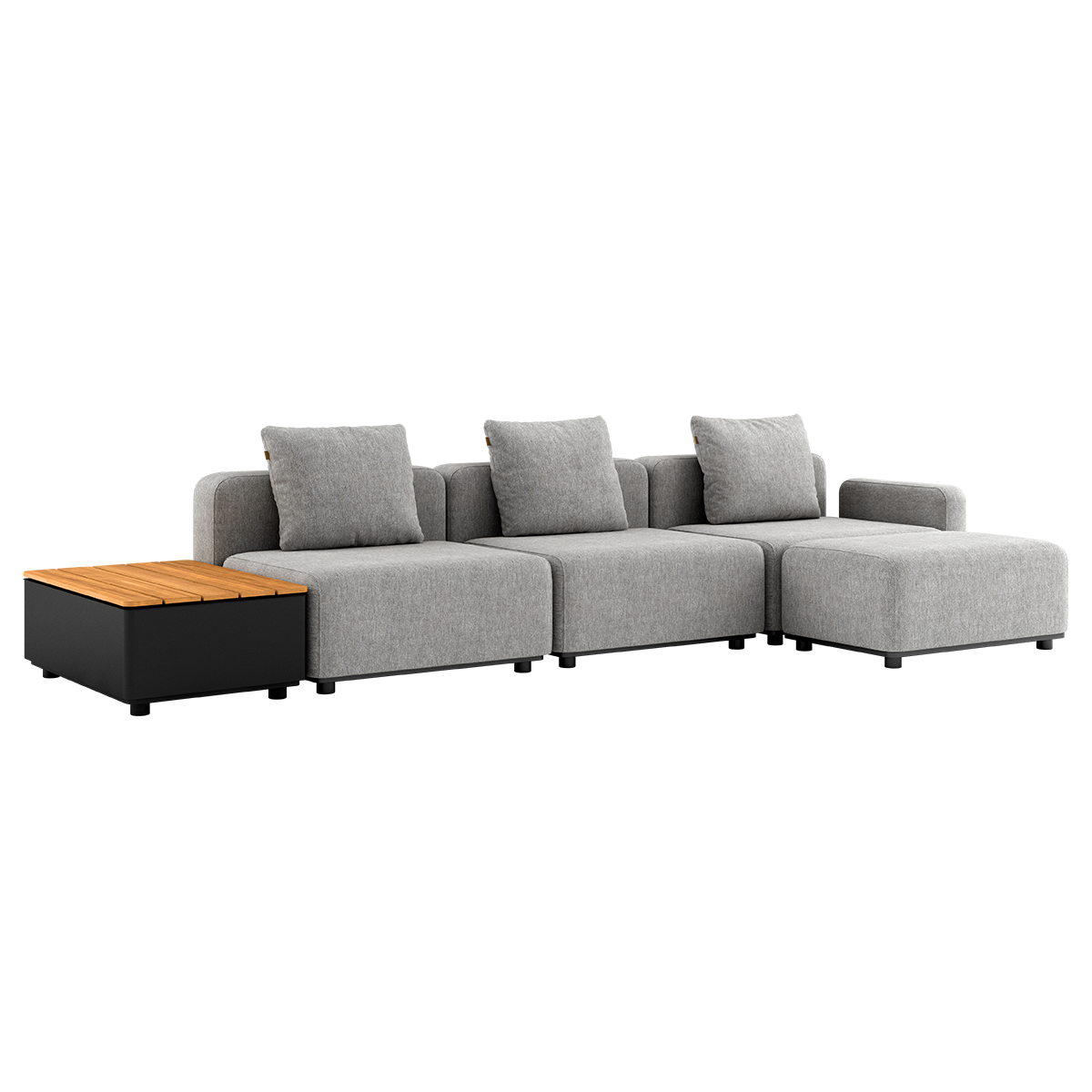Cobana Lounge Sofa 3-seater in Cobana Sand Melange with pouf and patio storage table in outdoor setting