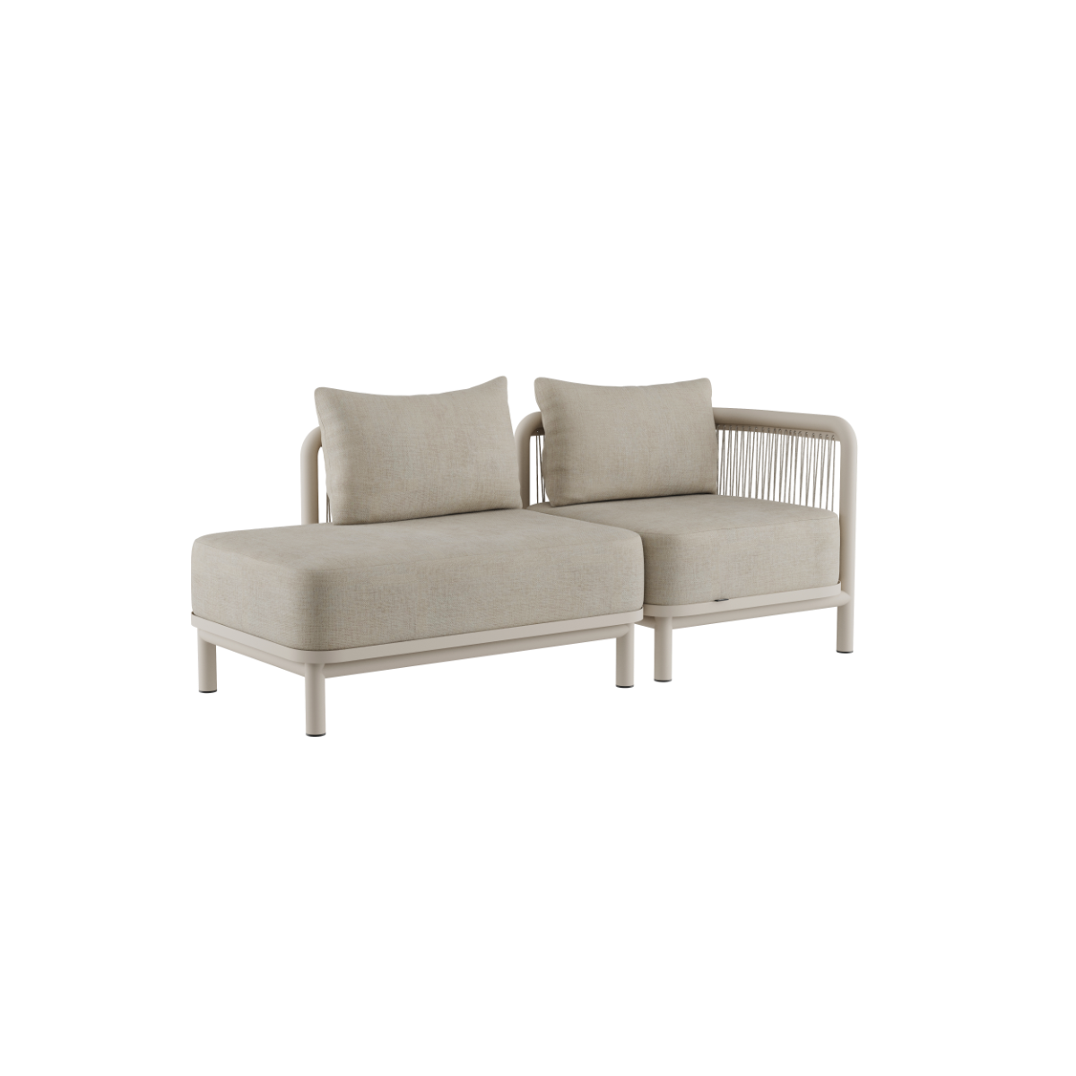 Kirra Lounge Sofa 2-seater with right open end in sand color, outdoor aluminum frame and olefin fabric cushions