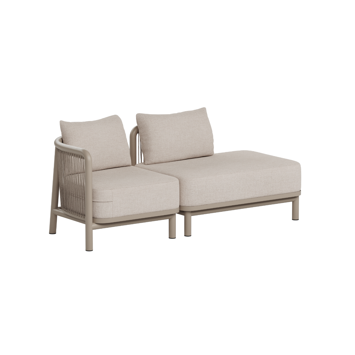 sackit outdoor two seat lounge sofa with open end in light beige upholstery and woven side panels designed in Denmark for modern outdoor spaces