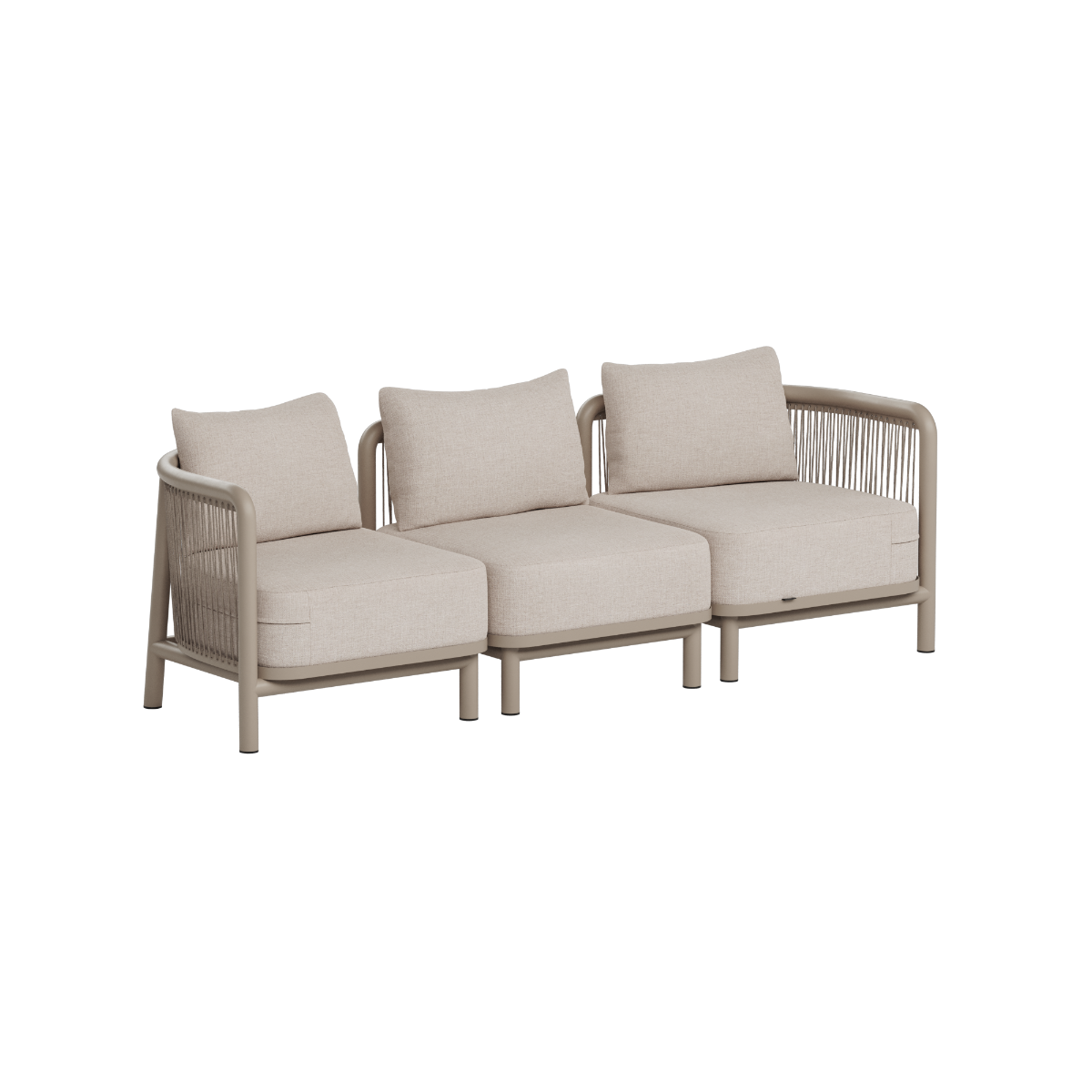 Three seat outdoor lounge sofa with beige cushions and woven armrests by sackit for modern Nordic gardens and patios