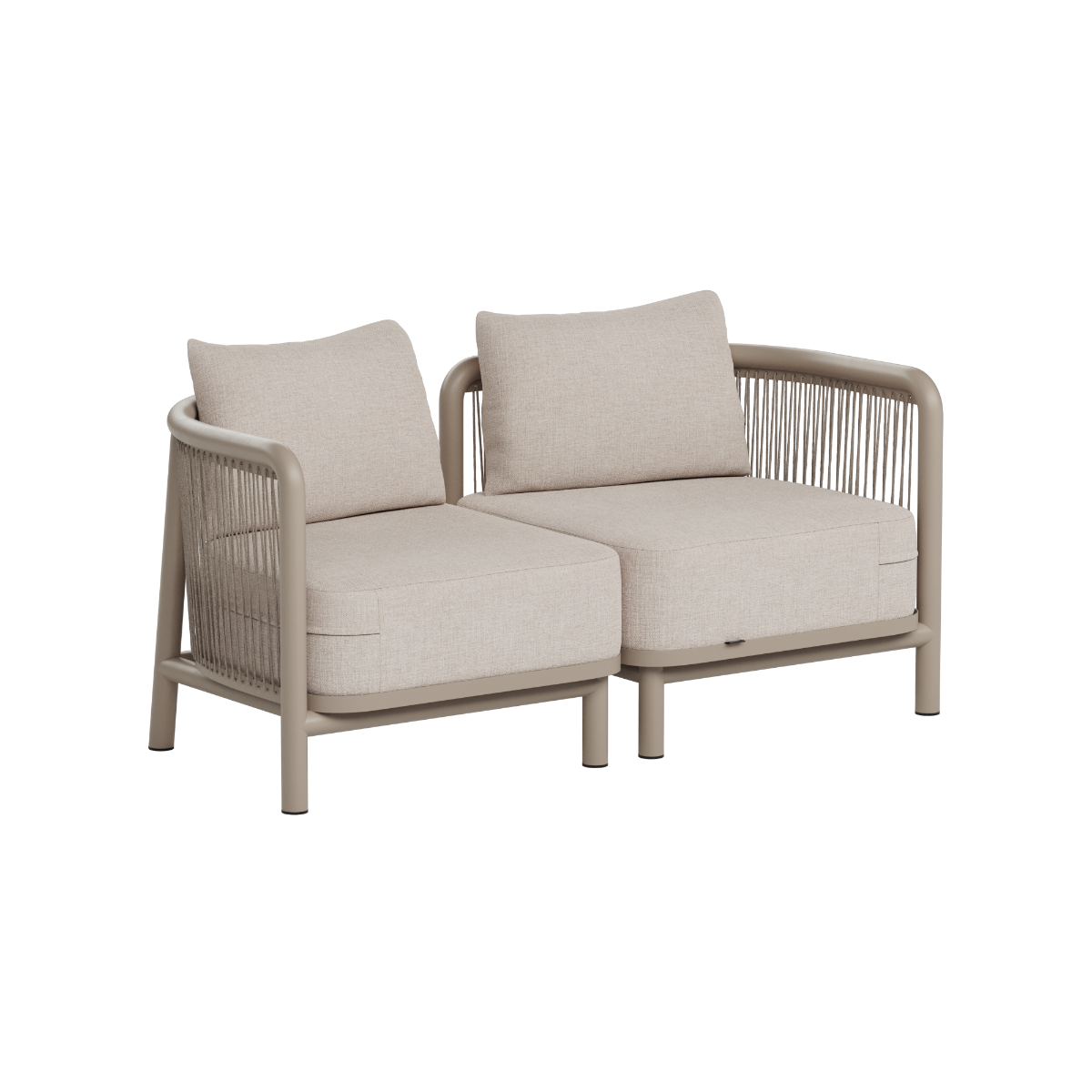 Two seat Kirra outdoor lounge sofa in beige fabric with woven sides and cushions designed by sackit for modern Nordic outdoor spaces
