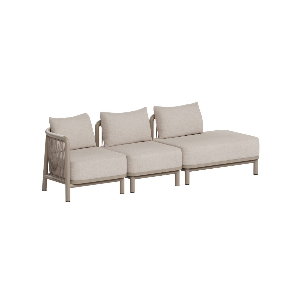 Three seat modular outdoor lounge sofa with open end and light beige cushions by sackit designed in Denmark for modern Nordic outdoor spaces