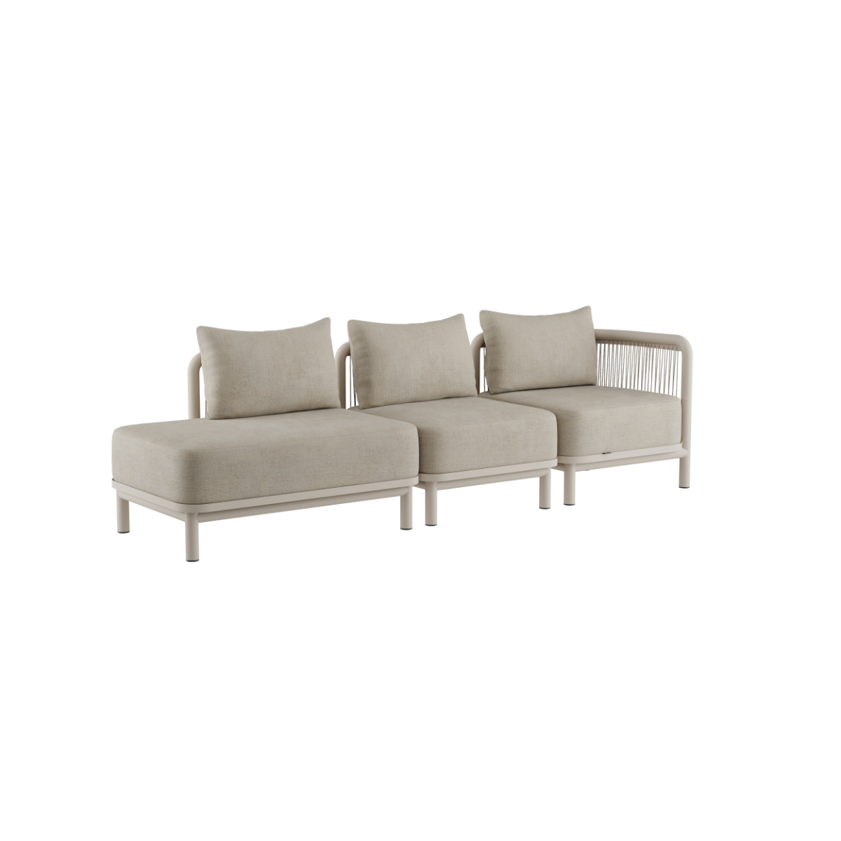 Kirra Lounge Sofa 3-seater with right open end in sand color, powder-coated aluminum frame and olefin fabric.
