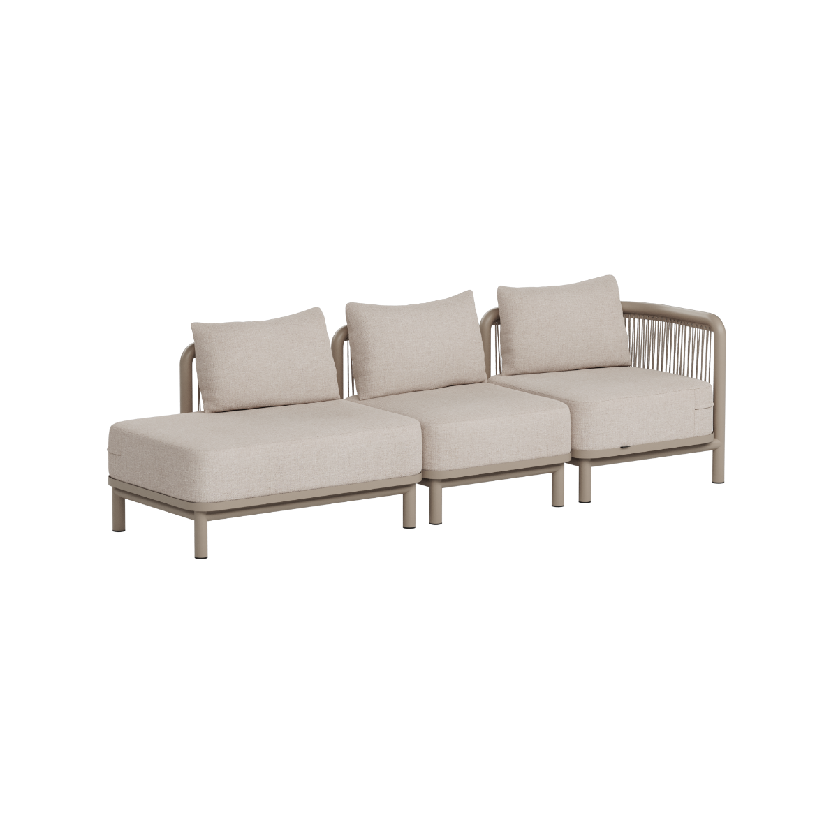 Three seat outdoor modular lounge sofa with open end and beige cushions on a woven frame from sackit designed in Denmark for modern and classic outdoor spaces