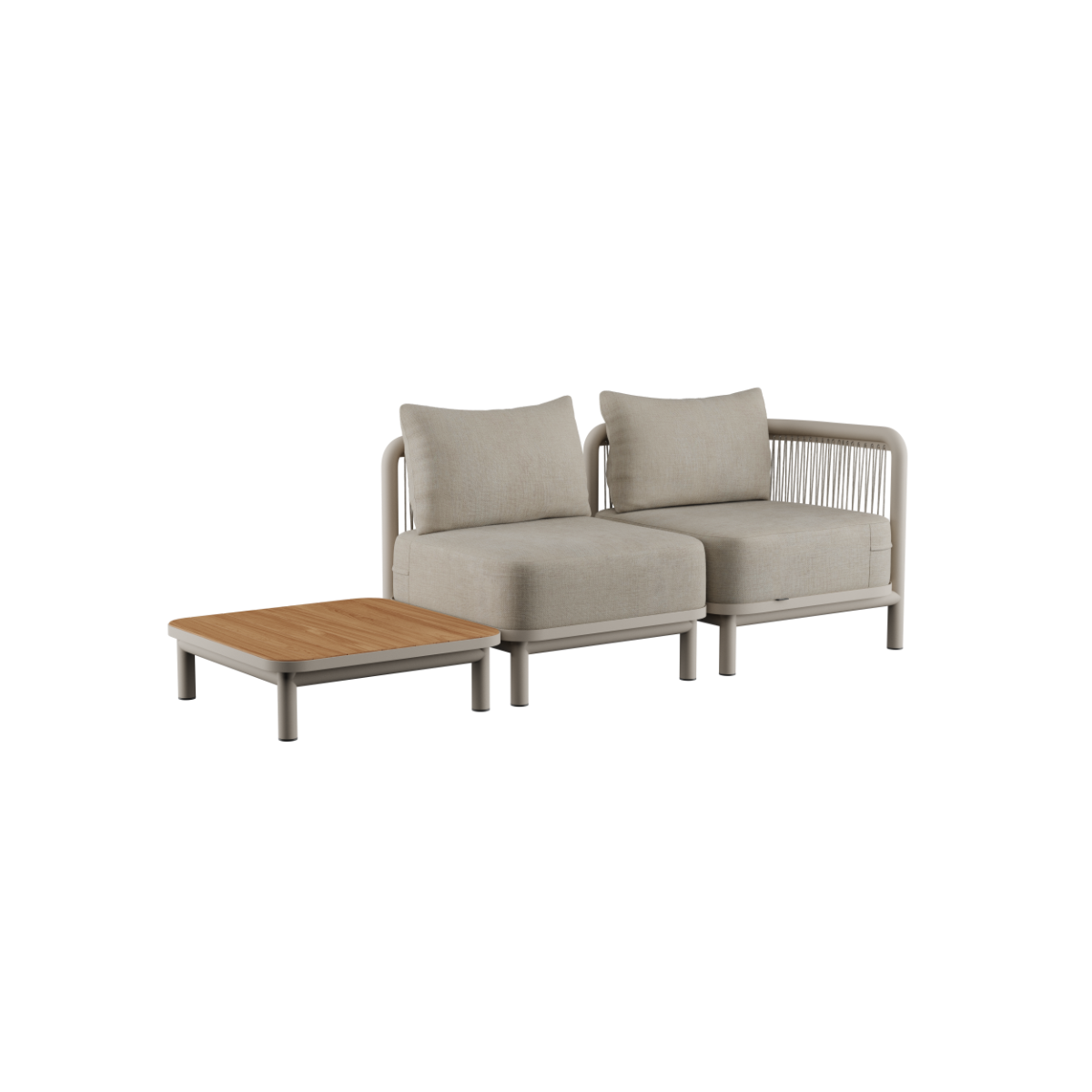 Kirra Lounge Sofa 2-seater in Kirra Sand with matching table, aluminum frame and olefin cushions.
