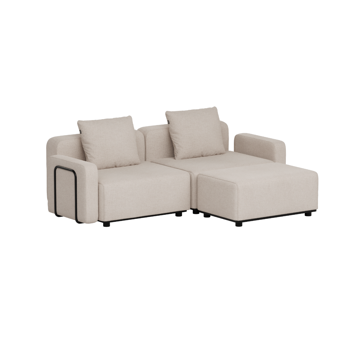 Cream modular outdoor lounge sofa with two cushioned seats armrests and chaise section designed in Denmark for weather resistant Scandinavian comfort by sackit