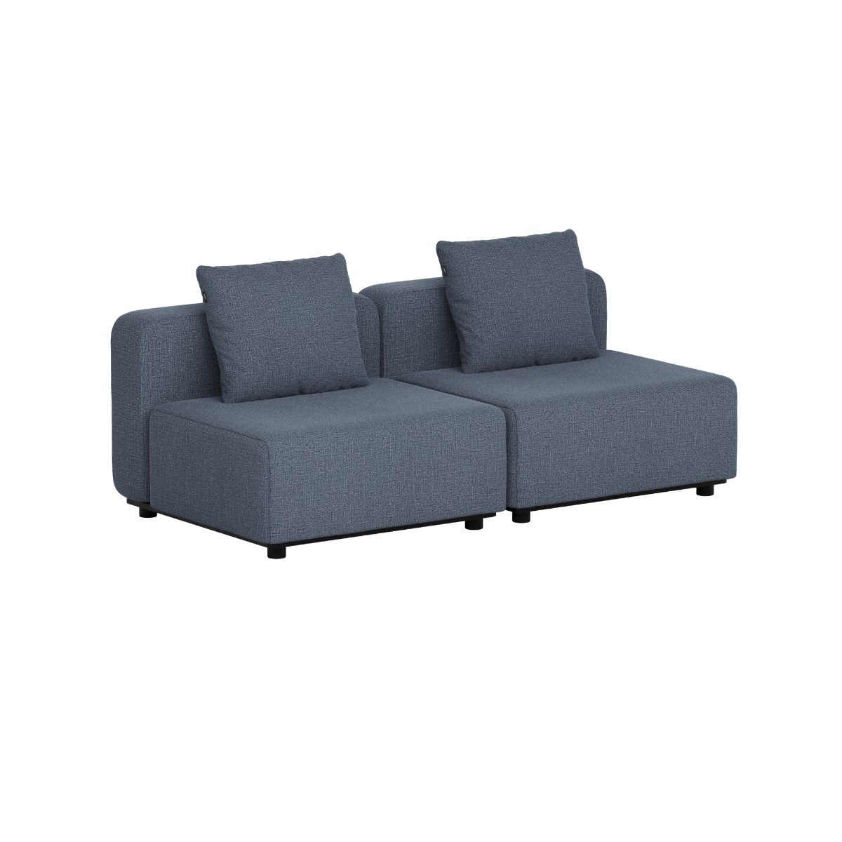Dark grey two seater modular outdoor lounge sofa with clean Scandinavian lines and cushions designed in Denmark for weather resistant comfort by sackit