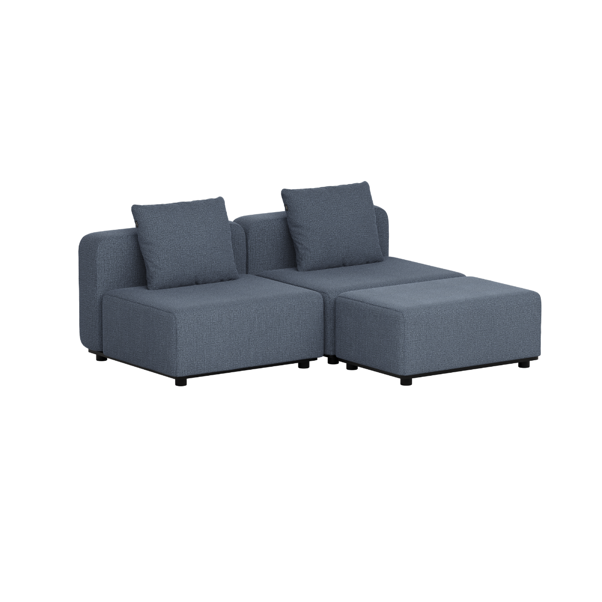 Dark gray two seat modular outdoor sofa with two back cushions and clean Scandinavian lines from sackit designed in Denmark for gardens terraces and Nordic weather