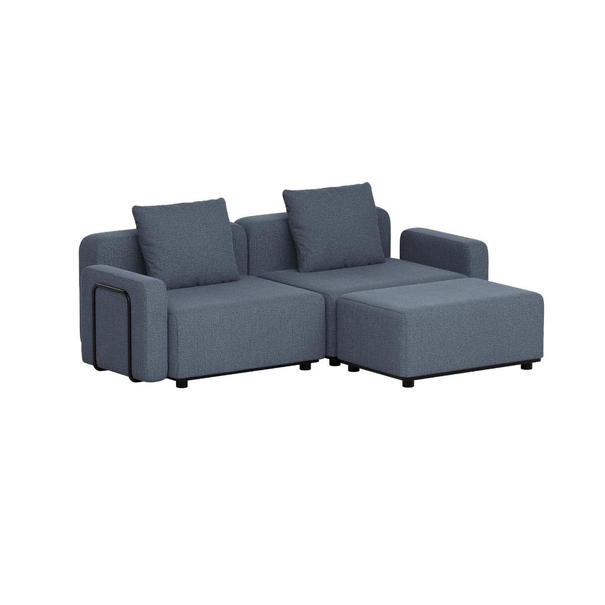 Dark gray modular outdoor lounge sofa with two back cushions and an extended chaise section designed by sackit for Scandinavian gardens and terraces