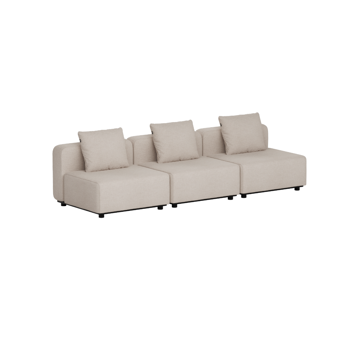 sackit three seat modular outdoor lounge sofa in light beige with clean Scandinavian lines and three back cushions for comfortable garden and terrace seating